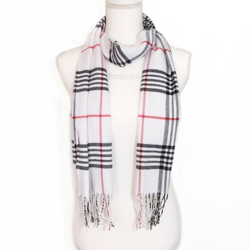 White Plaid Black Red Grid Print Wrap Scarf New